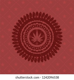 marijuana leaf icon inside badge with red background