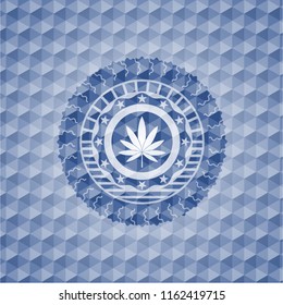 marijuana leaf icon inside blue emblem or badge with geometric pattern background.