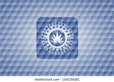 marijuana leaf icon inside blue badge with geometric background.