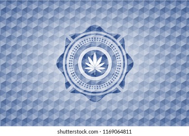 marijuana leaf icon inside blue hexagon emblem.