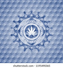 marijuana leaf icon inside blue badge with geometric pattern background.