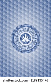 marijuana leaf icon inside blue badge with geometric pattern background.