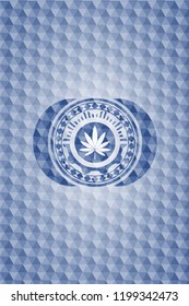 marijuana leaf icon inside blue badge with geometric background.