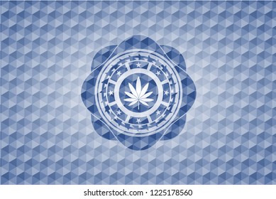 marijuana leaf icon inside blue emblem with geometric pattern.