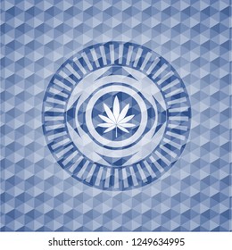 marijuana leaf icon inside blue emblem with geometric pattern background.