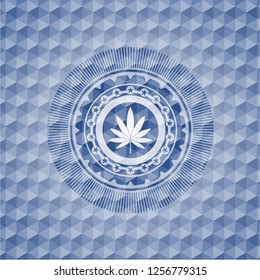 marijuana leaf icon inside blue polygonal emblem.