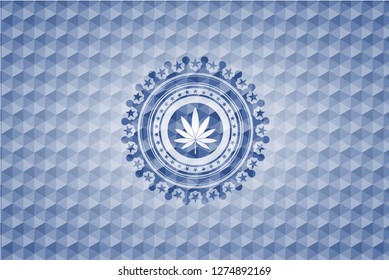 marijuana leaf icon inside blue emblem with geometric background.