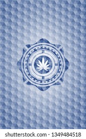 marijuana leaf icon inside blue emblem or badge with abstract geometric pattern background.