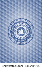 marijuana leaf icon inside blue badge with geometric pattern background.