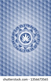 marijuana leaf icon inside blue badge with geometric pattern background.