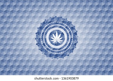marijuana leaf icon inside blue emblem or badge with geometric pattern background.