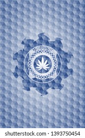 marijuana leaf icon inside blue hexagon emblem.