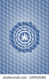 marijuana leaf icon inside blue badge with geometric pattern.