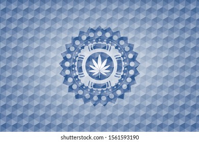 marijuana leaf icon inside blue badge with geometric background.