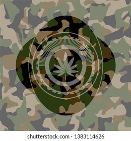 marijuana leaf icon inside camouflage texture