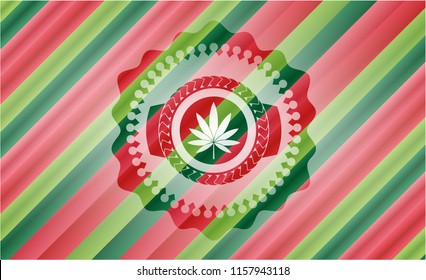 marijuana leaf icon inside christmas emblem.