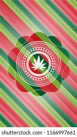 marijuana leaf icon inside christmas colors style emblem.