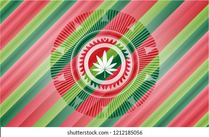marijuana leaf icon inside christmas colors style badge.