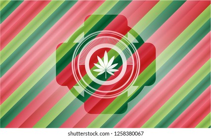 marijuana leaf icon inside christmas colors style badge.
