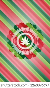 marijuana leaf icon inside christmas emblem background.