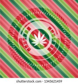 marijuana leaf icon inside christmas badge background.