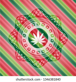 marijuana leaf icon inside christmas colors badge.