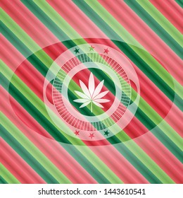 marijuana leaf icon inside christmas colors style badge.