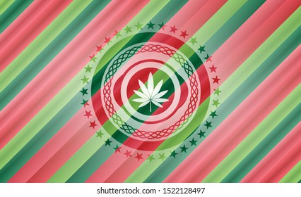 marijuana leaf icon inside christmas colors style badge.