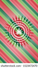 marijuana leaf icon inside christmas colors style emblem.