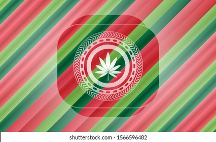 marijuana leaf icon inside christmas colors badge.