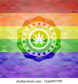 marijuana leaf icon inside emblem on mosaic background with the colors of the LGBT flag