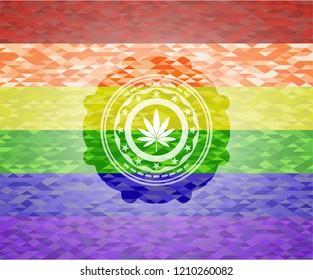 marijuana leaf icon inside emblem on mosaic background with the colors of the LGBT flag