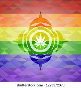 marijuana leaf icon inside emblem on mosaic background with the colors of the LGBT flag