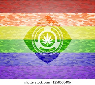 marijuana leaf icon inside emblem on mosaic background with the colors of the LGBT flag