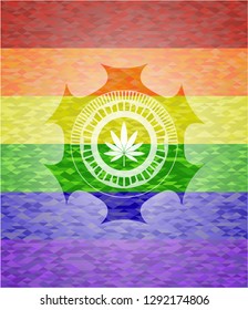 marijuana leaf icon inside emblem on mosaic background with the colors of the LGBT flag