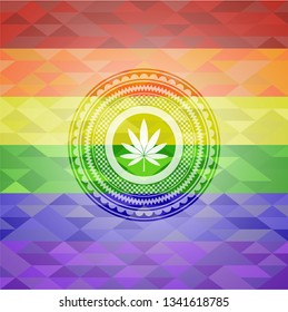 marijuana leaf icon inside emblem on mosaic background with the colors of the LGBT flag