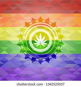 marijuana leaf icon inside emblem on mosaic background with the colors of the LGBT flag