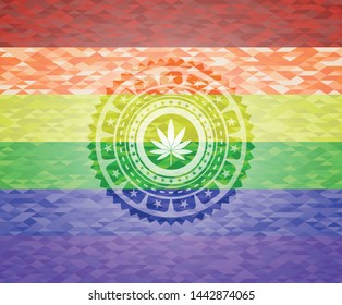 marijuana leaf icon inside emblem on mosaic background with the colors of the LGBT flag