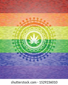 marijuana leaf icon inside emblem on mosaic background with the colors of the LGBT flag
