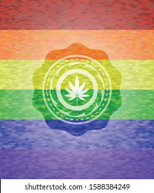 marijuana leaf icon inside emblem on mosaic background with the colors of the LGBT flag