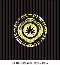 marijuana leaf icon inside gold emblem or badge