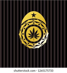 marijuana leaf icon inside gold emblem or badge