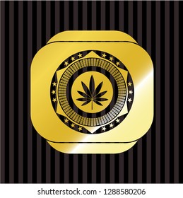 marijuana leaf icon inside gold shiny emblem