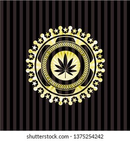 marijuana leaf icon inside gold shiny badge