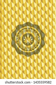 marijuana leaf icon inside gold shiny emblem. Scales pattern. Vector Illustration. Detailed.