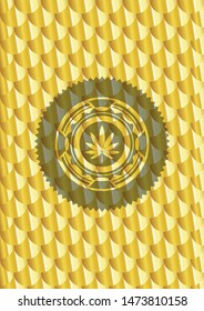 marijuana leaf icon inside gold emblem or badge. Scales pattern. Vector Illustration. Detailed.