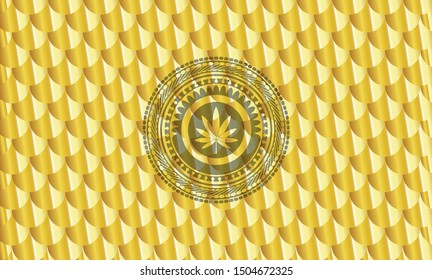 marijuana leaf icon inside gold emblem. Scales pattern. Vector Illustration. Detailed.