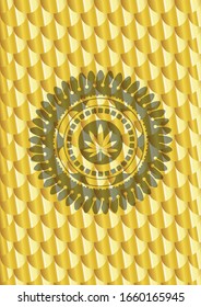 ícono de hoja de marihuana dentro del emblema de oro. Patrón de escalas. Ilustración vectorial. Detallado.