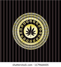 marijuana leaf icon inside golden emblem or badge