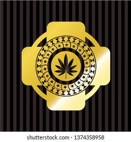 marijuana leaf icon inside golden emblem or badge